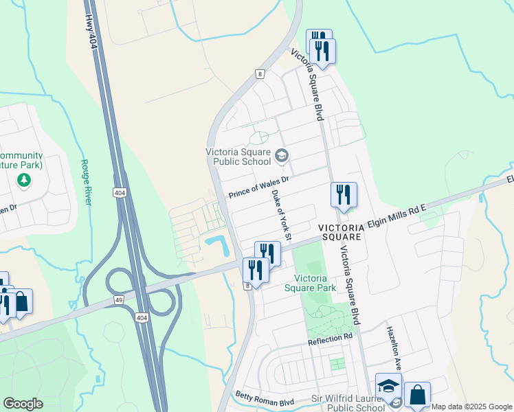 map of restaurants, bars, coffee shops, grocery stores, and more near Walter Scott Crescent in Markham