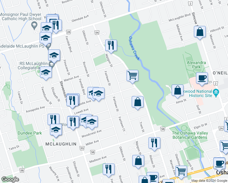 map of restaurants, bars, coffee shops, grocery stores, and more near 409 Fairlawn Street in Oshawa