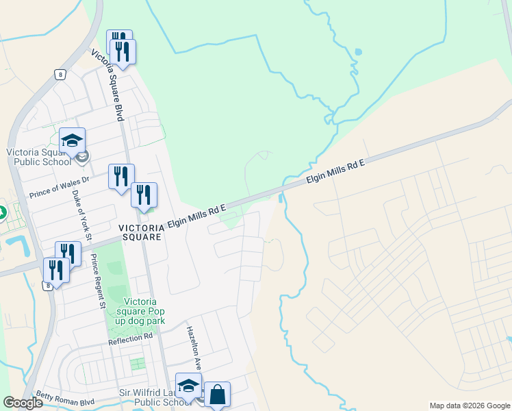 map of restaurants, bars, coffee shops, grocery stores, and more near 3217 Elgin Mills Road East in Markham
