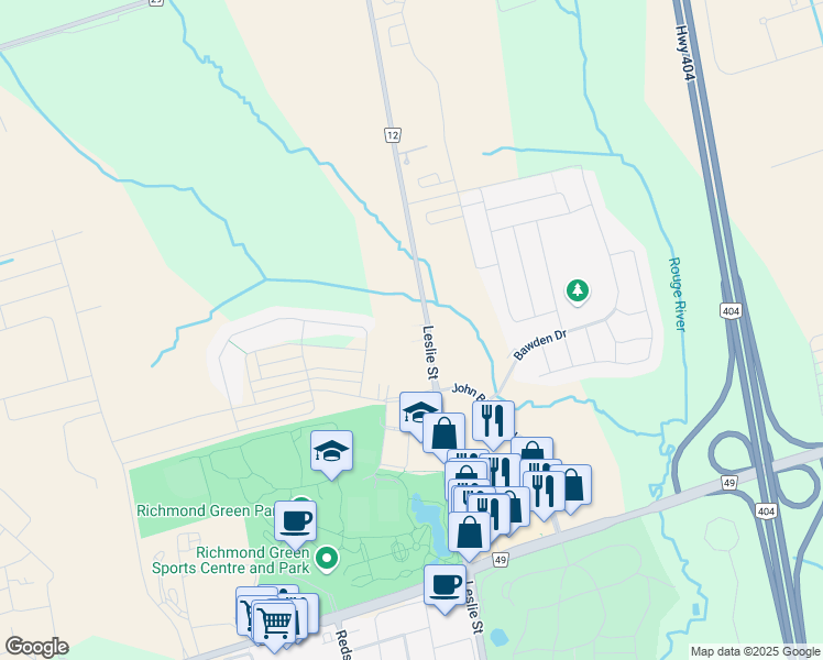 map of restaurants, bars, coffee shops, grocery stores, and more near 11044 Leslie Street in Richmond Hill