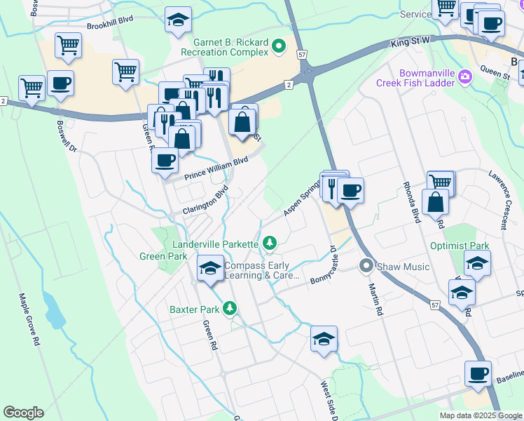 map of restaurants, bars, coffee shops, grocery stores, and more near 84 Aspen Springs Drive in Bowmanville