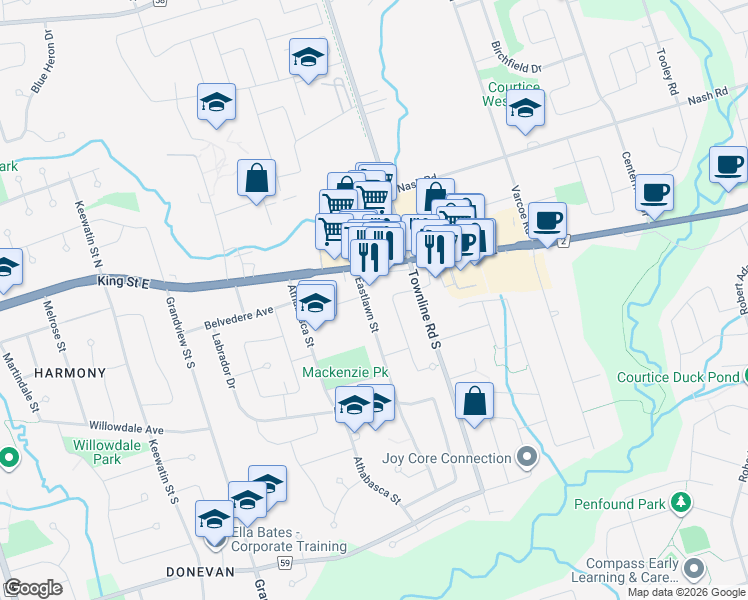 map of restaurants, bars, coffee shops, grocery stores, and more near 40 Merivale Street in Oshawa