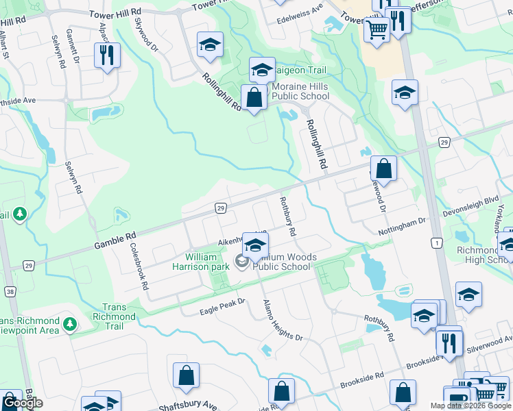 map of restaurants, bars, coffee shops, grocery stores, and more near 59 Maffey Crescent in Richmond Hill