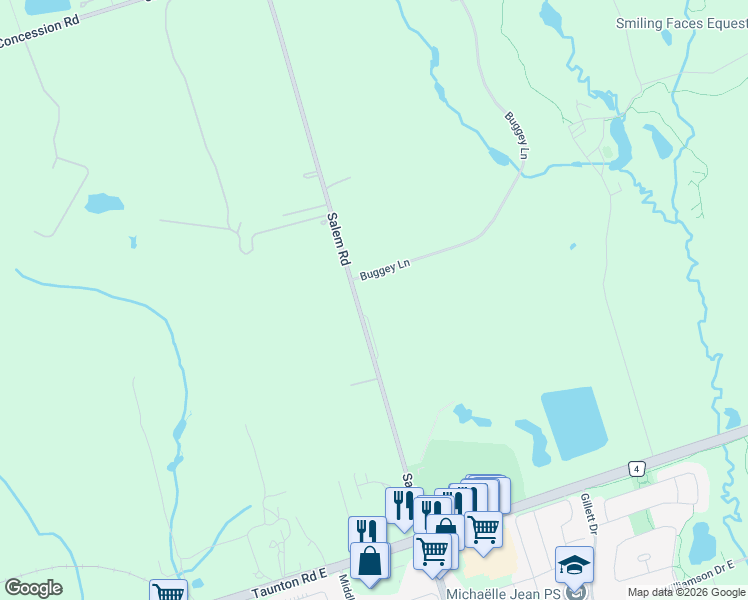 map of restaurants, bars, coffee shops, grocery stores, and more near 2377 Salem Road in Ajax