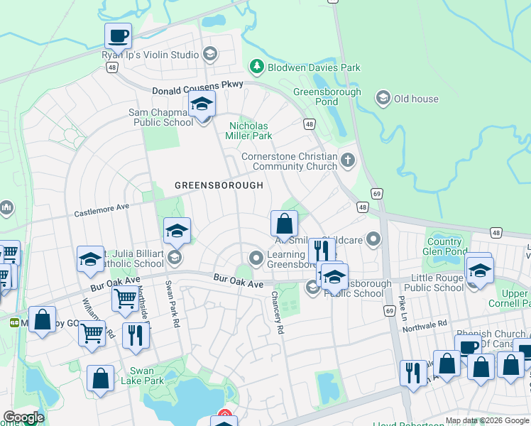 map of restaurants, bars, coffee shops, grocery stores, and more near 64 Saffron Street in Markham