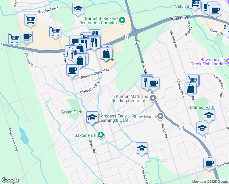 map of restaurants, bars, coffee shops, grocery stores, and more near 84 Aspen Springs Drive in Bowmanville