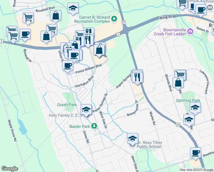 map of restaurants, bars, coffee shops, grocery stores, and more near 84 Aspen Springs Drive in Bowmanville