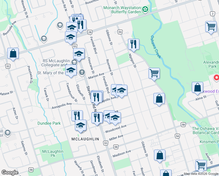 map of restaurants, bars, coffee shops, grocery stores, and more near 437 Fernhill Boulevard in Oshawa