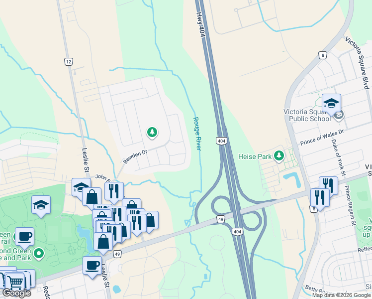 map of restaurants, bars, coffee shops, grocery stores, and more near 84 Gerden Drive in Richmond Hill