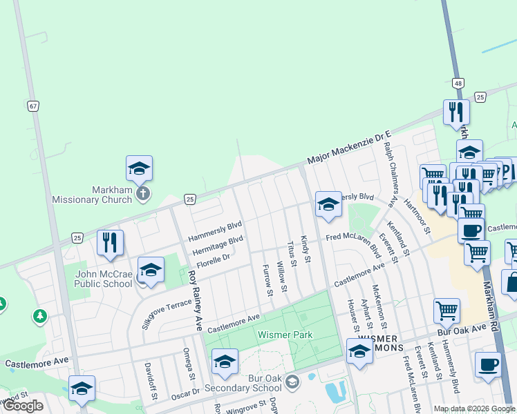 map of restaurants, bars, coffee shops, grocery stores, and more near 7 Crofting Crescent in Markham