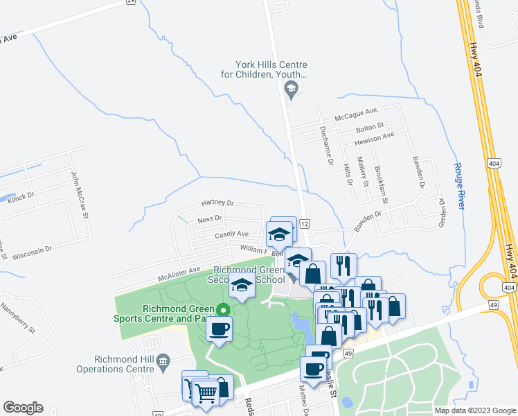 map of restaurants, bars, coffee shops, grocery stores, and more near 65 Hartney Drive in Richmond Hill