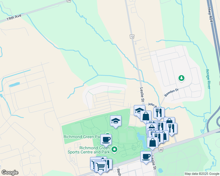 map of restaurants, bars, coffee shops, grocery stores, and more near 95 Hartney Drive in Richmond Hill