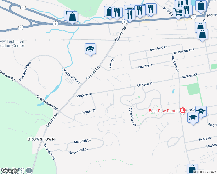 map of restaurants, bars, coffee shops, grocery stores, and more near 154 McKeen Street in Brunswick
