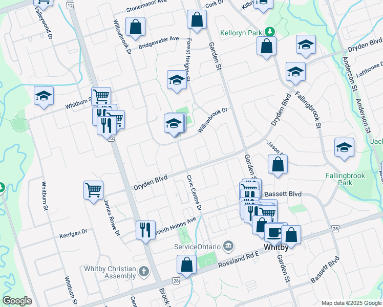 map of restaurants, bars, coffee shops, grocery stores, and more near 75 Woodstone Place in Whitby