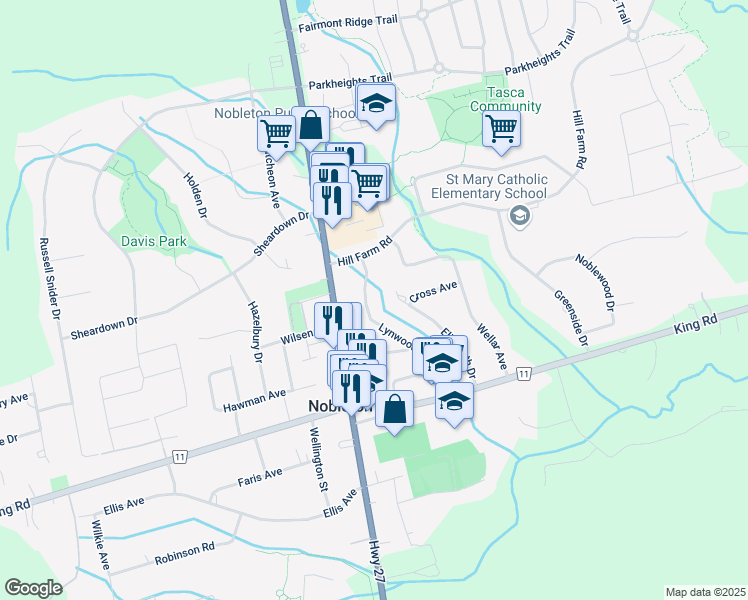 map of restaurants, bars, coffee shops, grocery stores, and more near 115 Lynwood Crescent in Nobleton