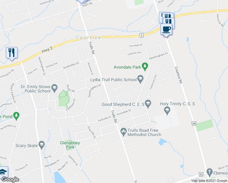 map of restaurants, bars, coffee shops, grocery stores, and more near 6 Weaver Street in Courtice