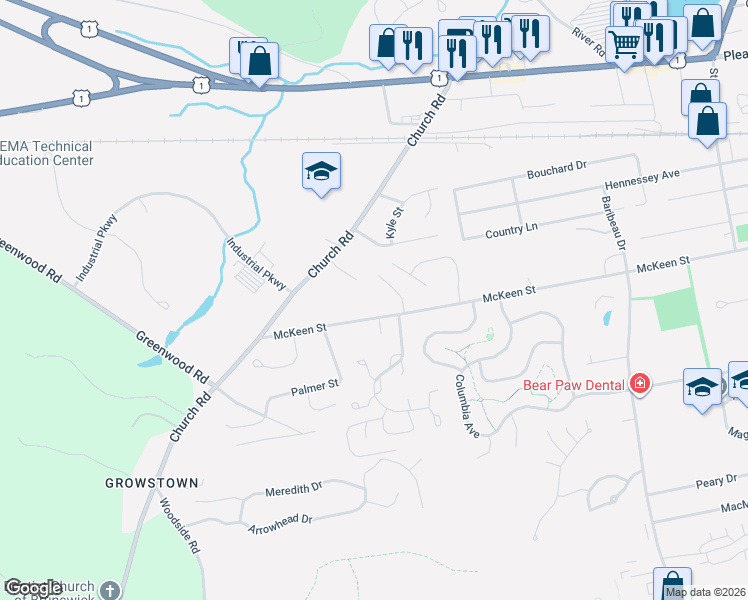 map of restaurants, bars, coffee shops, grocery stores, and more near 158 McKeen Street in Brunswick