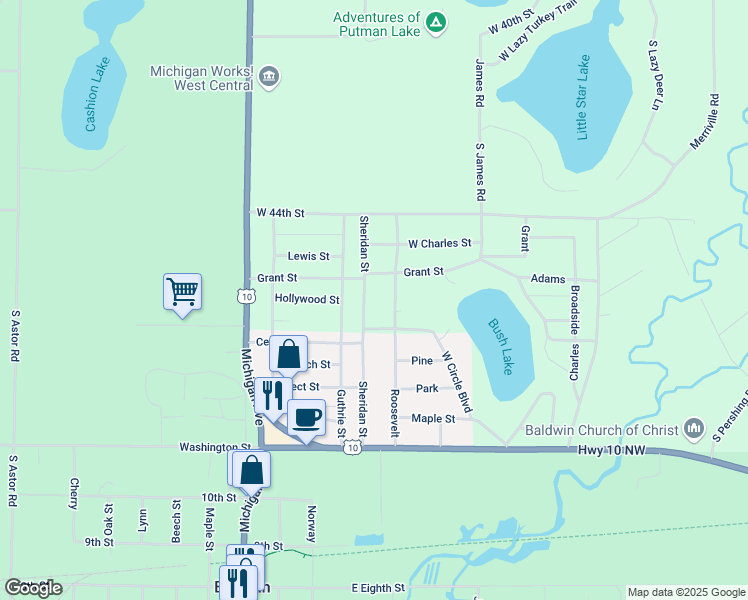 map of restaurants, bars, coffee shops, grocery stores, and more near 1459 Sheridan Street in Baldwin