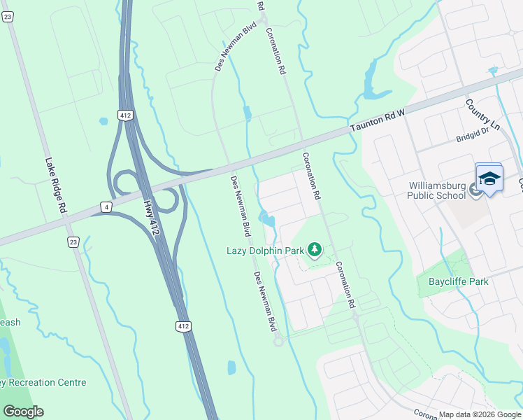 map of restaurants, bars, coffee shops, grocery stores, and more near 753-899 Taunton Road West in Whitby