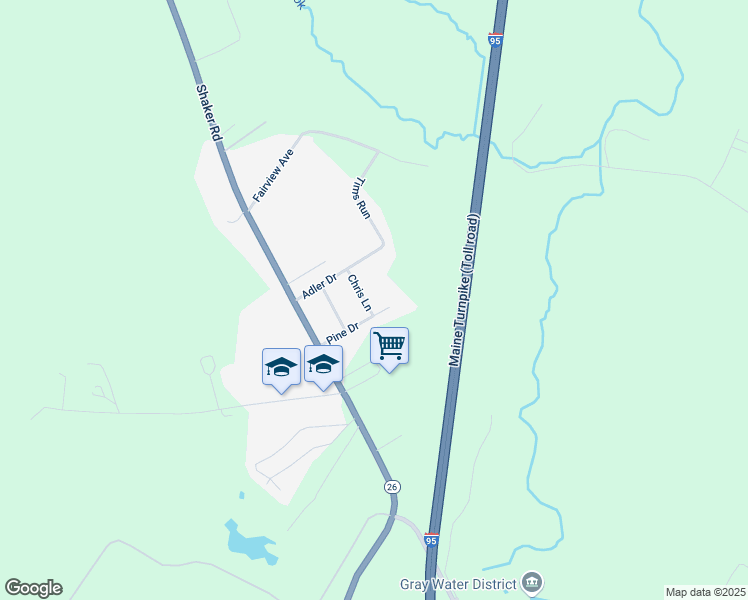 map of restaurants, bars, coffee shops, grocery stores, and more near 12 Spruce Drive in Gray