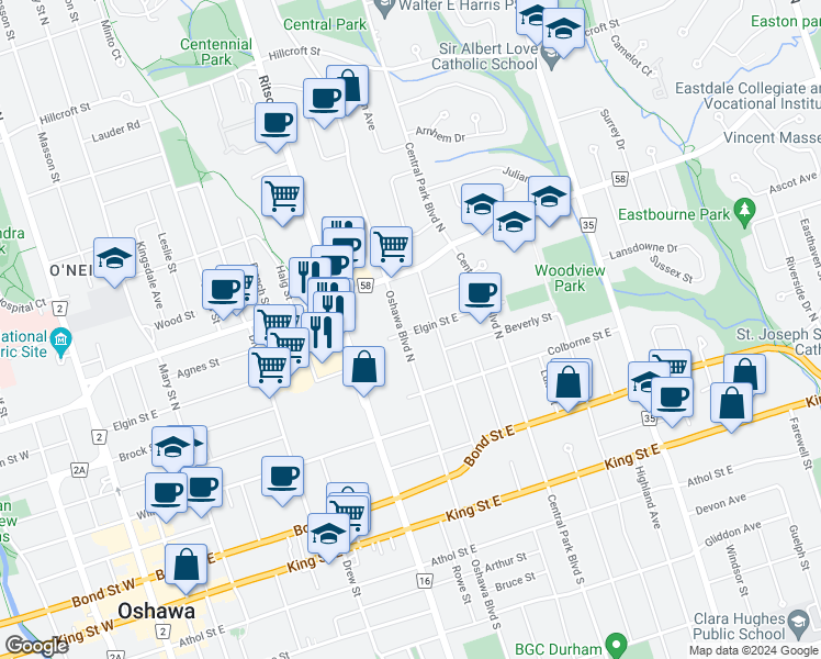 map of restaurants, bars, coffee shops, grocery stores, and more near in Oshawa