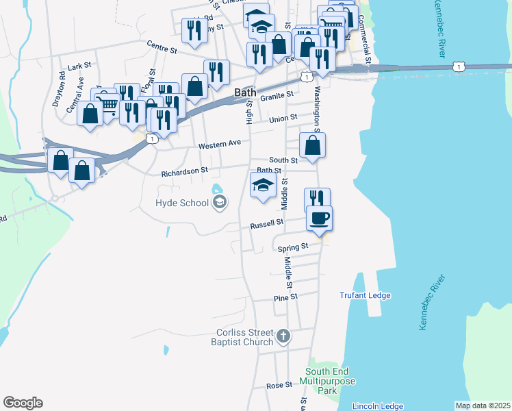 map of restaurants, bars, coffee shops, grocery stores, and more near 597 High Street in Bath
