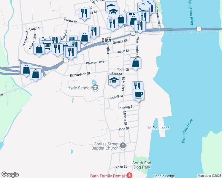 map of restaurants, bars, coffee shops, grocery stores, and more near 597 High Street in Bath