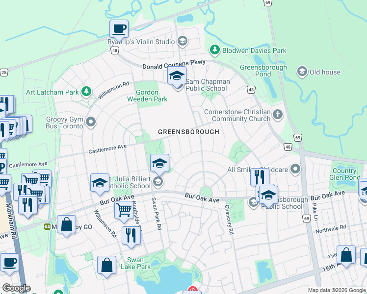 map of restaurants, bars, coffee shops, grocery stores, and more near in Markham