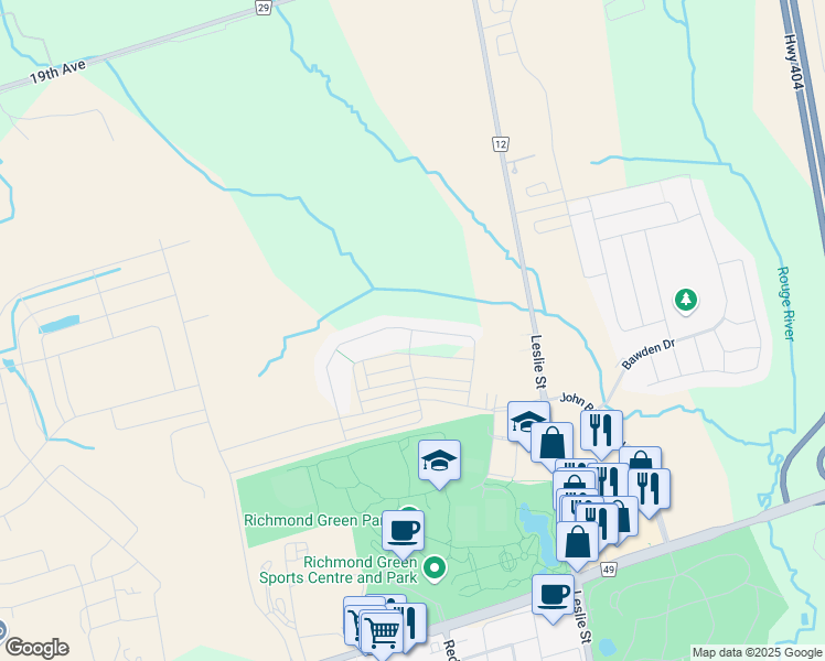 map of restaurants, bars, coffee shops, grocery stores, and more near Hartney Drive in Richmond Hill