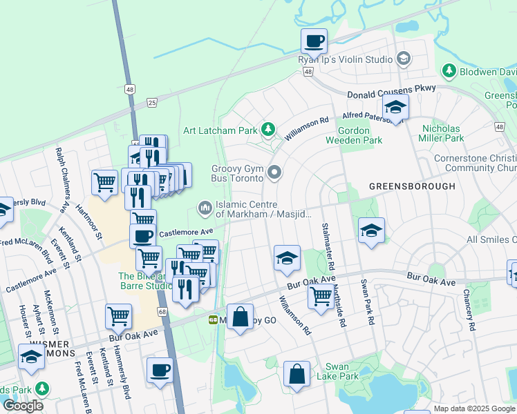 map of restaurants, bars, coffee shops, grocery stores, and more near 332 Williamson Road in Markham