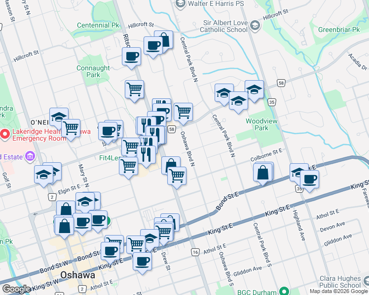 map of restaurants, bars, coffee shops, grocery stores, and more near 200 Oshawa Boulevard North in Oshawa