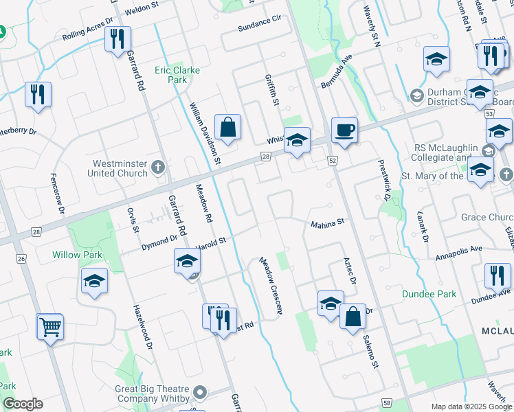map of restaurants, bars, coffee shops, grocery stores, and more near in Oshawa