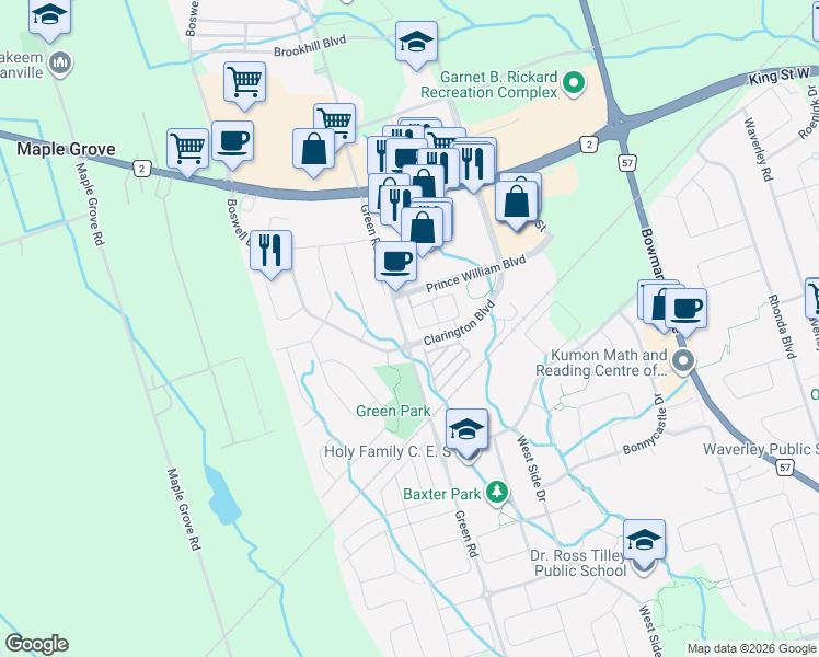 map of restaurants, bars, coffee shops, grocery stores, and more near in Bowmanville