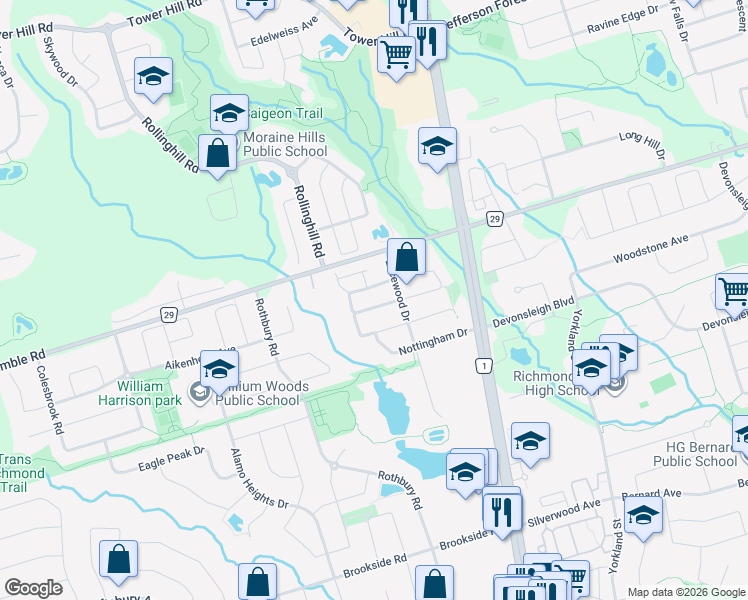 map of restaurants, bars, coffee shops, grocery stores, and more near 101 Firwood Drive in Richmond Hill