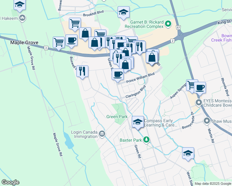 map of restaurants, bars, coffee shops, grocery stores, and more near 6 Boswell Drive in Bowmanville