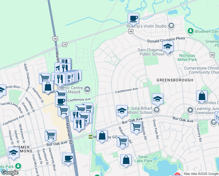 map of restaurants, bars, coffee shops, grocery stores, and more near 334 Williamson Road in Markham