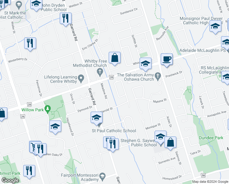 map of restaurants, bars, coffee shops, grocery stores, and more near in Whitby