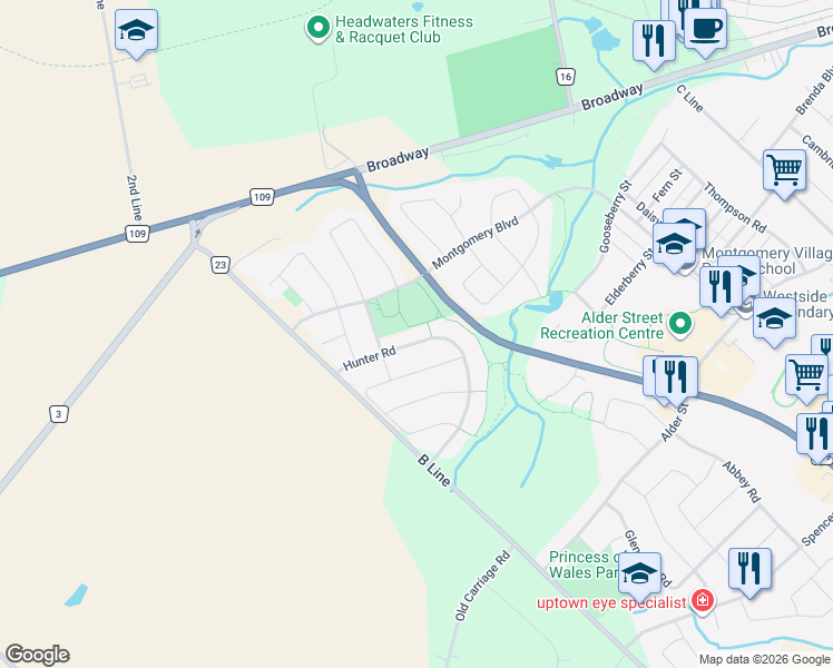 map of restaurants, bars, coffee shops, grocery stores, and more near 11 Rose Street in Orangeville