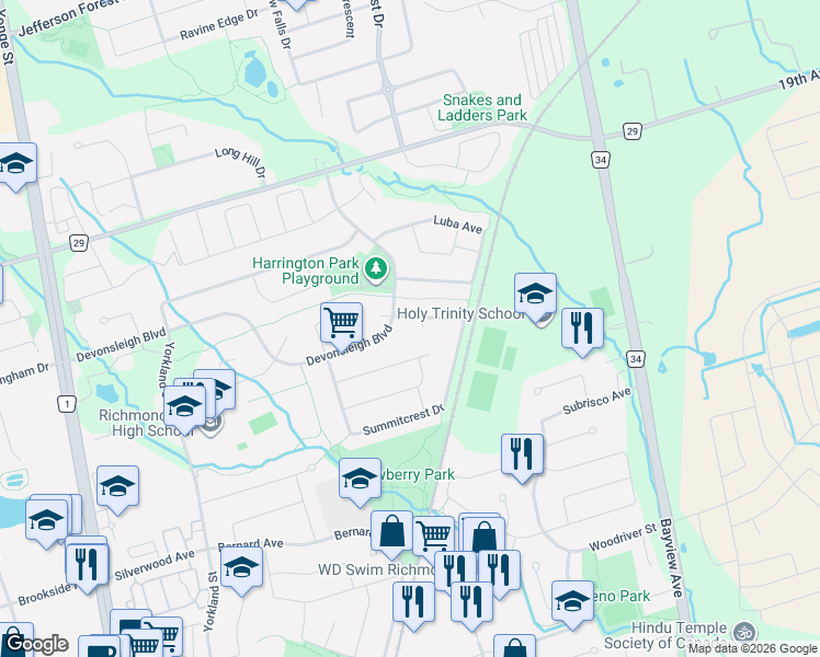 map of restaurants, bars, coffee shops, grocery stores, and more near 53 Pine Bough Manor in Richmond Hill