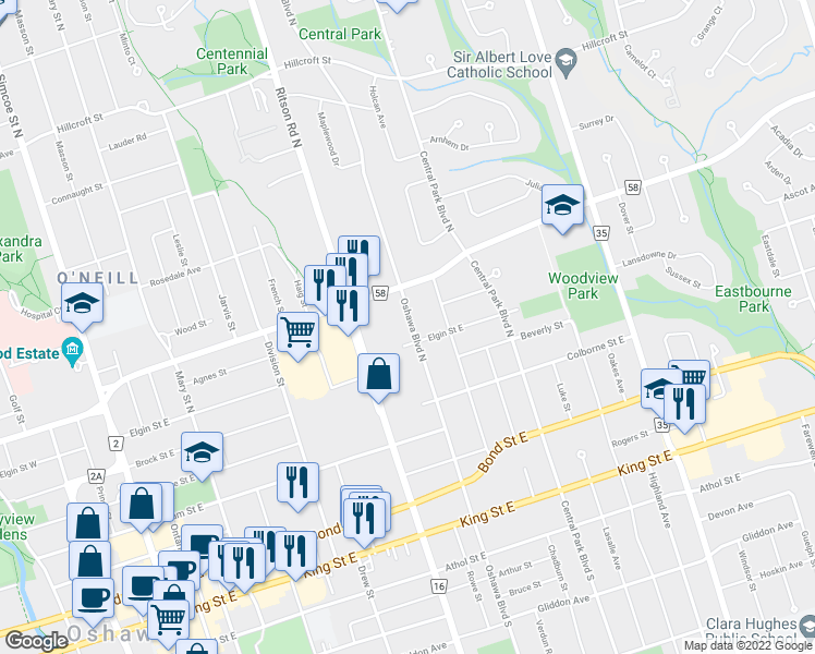 map of restaurants, bars, coffee shops, grocery stores, and more near 208 Oshawa Boulevard North in Oshawa