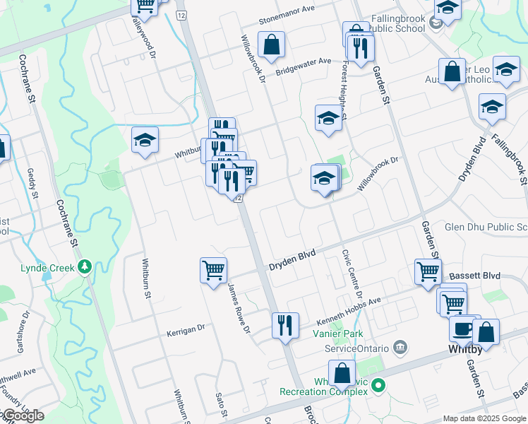 map of restaurants, bars, coffee shops, grocery stores, and more near 126 Old Colony Drive in Whitby