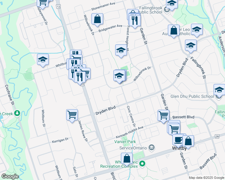 map of restaurants, bars, coffee shops, grocery stores, and more near 73 Willowbrook Drive in Whitby