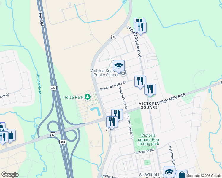 map of restaurants, bars, coffee shops, grocery stores, and more near 23 Prince of Wales Drive in Markham