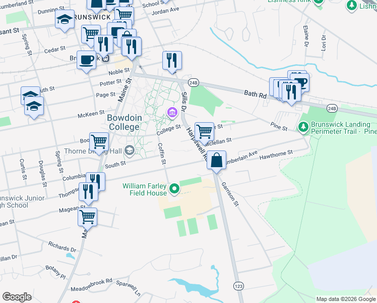 map of restaurants, bars, coffee shops, grocery stores, and more near 52 Harpswell Road in Brunswick