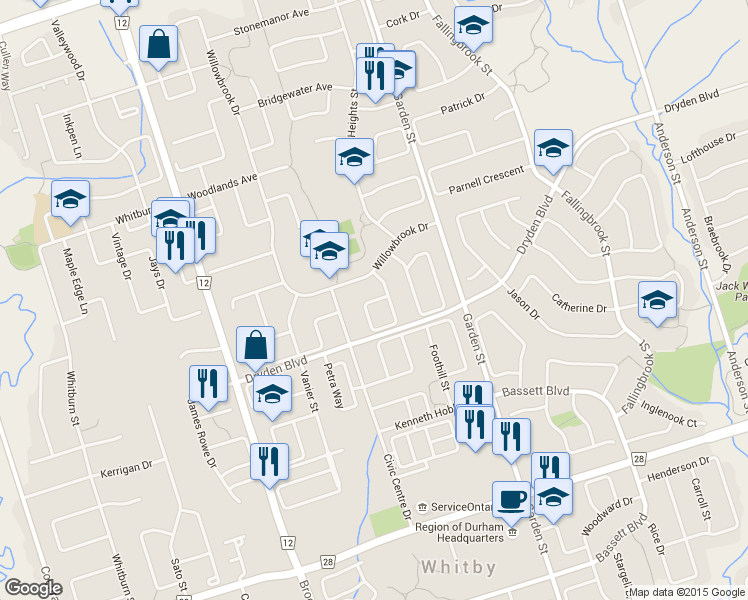 map of restaurants, bars, coffee shops, grocery stores, and more near 67 Woodstone Place in Whitby