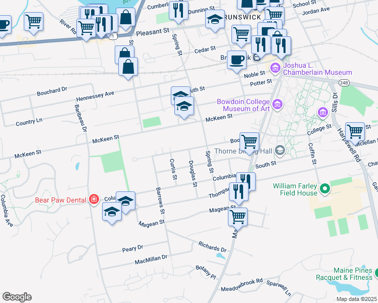 map of restaurants, bars, coffee shops, grocery stores, and more near 36 Boody Street in Brunswick