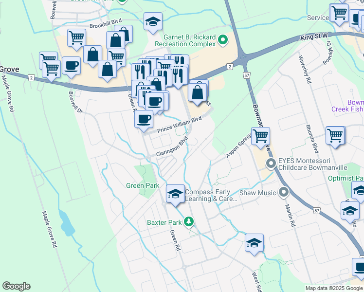 map of restaurants, bars, coffee shops, grocery stores, and more near 49 Prince William Boulevard in Bowmanville