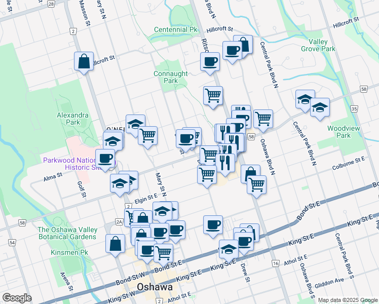 map of restaurants, bars, coffee shops, grocery stores, and more near in Oshawa