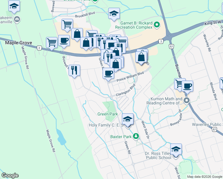 map of restaurants, bars, coffee shops, grocery stores, and more near 1995 Green Road in Bowmanville