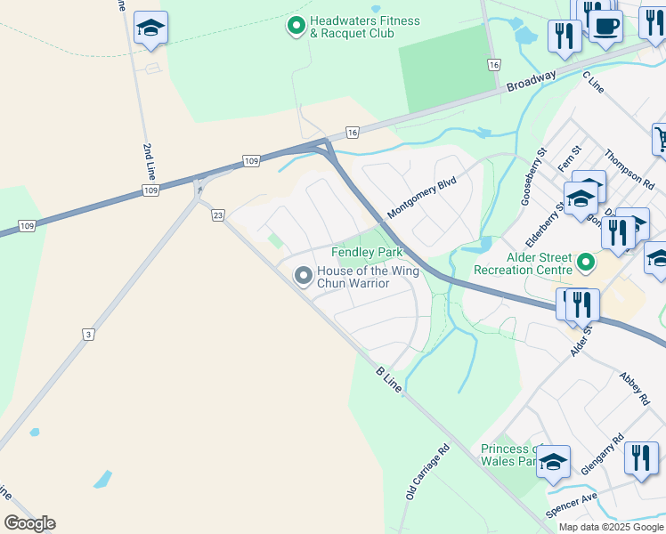 map of restaurants, bars, coffee shops, grocery stores, and more near 14 Fendley Road in Orangeville